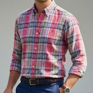 Massimo Dutti L Old Money Resortwear Preppy Madras Plaid Linen Button Down Shirt